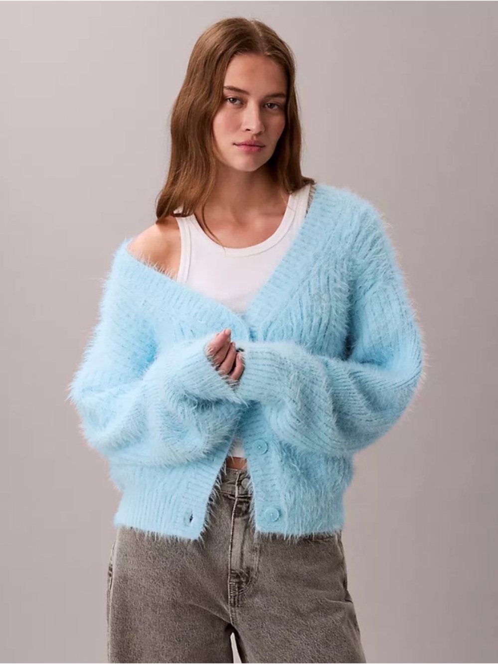 Calvin Klein Sky Blue Fuzzy V-Neck Button Cardigan
